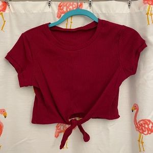 Burgundy Tie-front Ribbed Crop